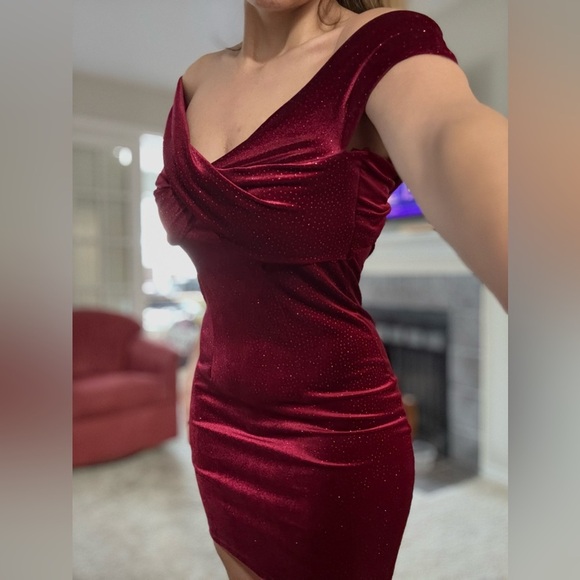 Custom Made Burgundy Off-Shoulder Sparkly Dress - Picture 3 of 4